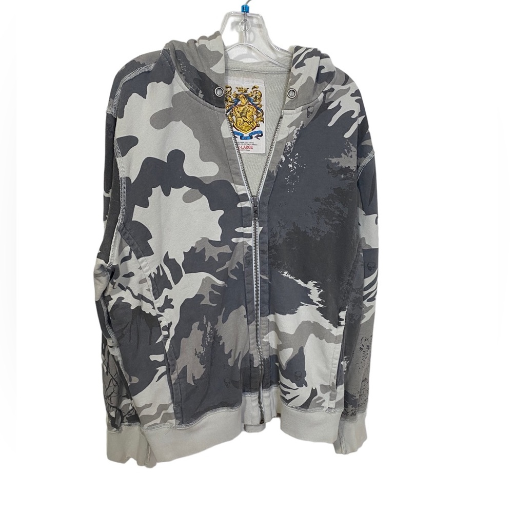 KING OF PRIDES Gray Tan Distressed Camo Skull Cotton Zip Hoodie XL